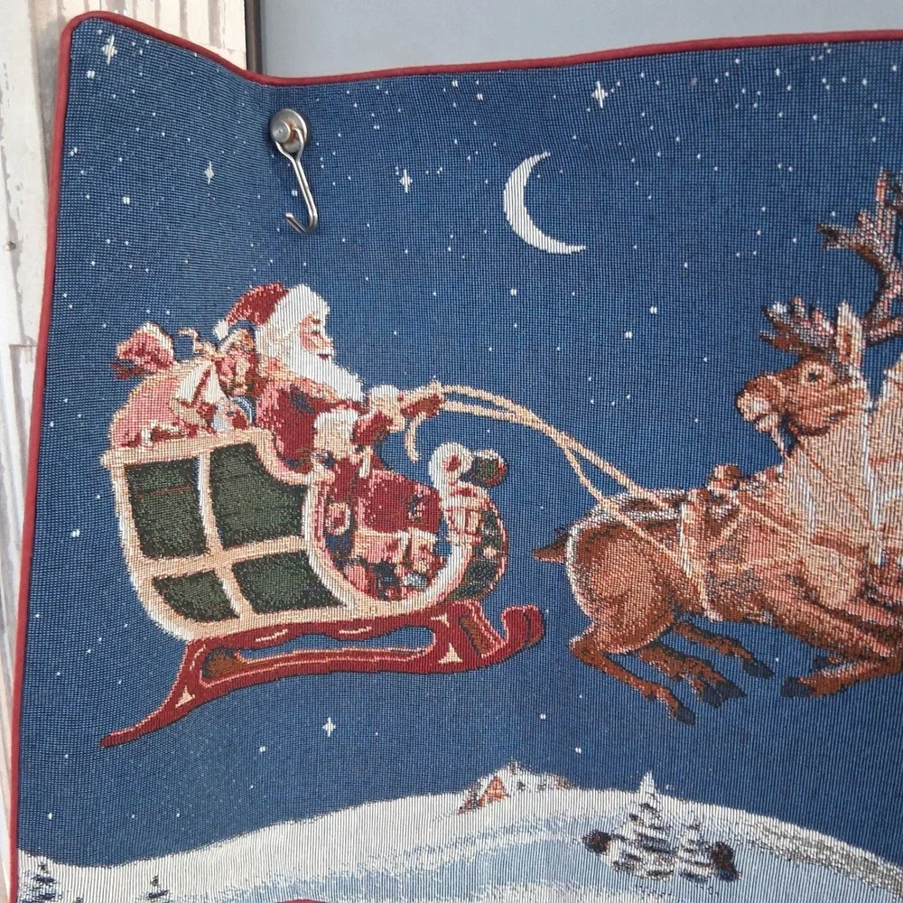 Vintage Christmas Woven Tapestry Wall Hanging Santa Sleigh Reindeer 32